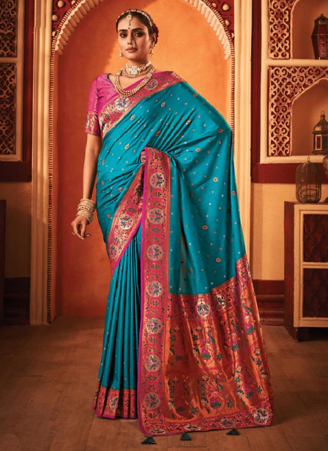 Banarasi Silk Sky Blue Wedding Wear Weaving Saree